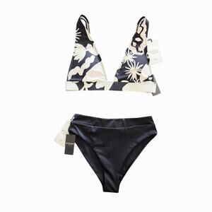 Ozero Deep V Triangle Bikini Top (Medium) & Bottom (Small), Black, White, Floral
